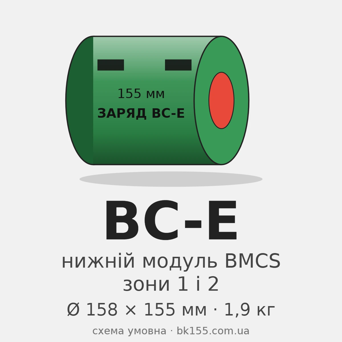 Пороховий заряд BC-E (BMCS) Пороховий заряд BC-E (BMCS): зелений нижній модуль із чорною смугою, схематичне зображення